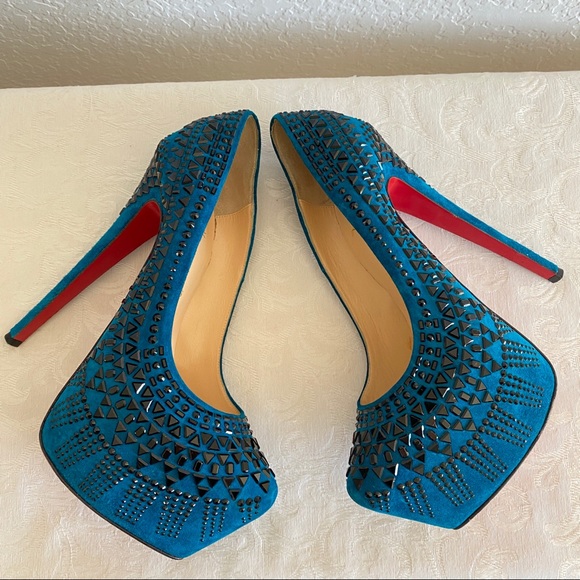 CHRISTIAN LOUBOUTIN Blue 
Decora Strass Suede platform Pumps - Picture 9 of 15
